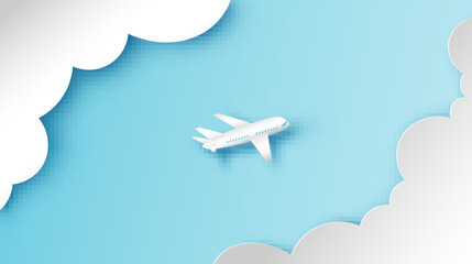 Airplane flying through cloud on blue sky. Airplane aerial view. paper cut and craft style. vector, illustration.