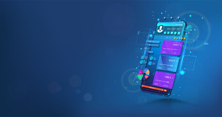 Naklejka premium Banking App in perspective 3D smartphone. Your online bank account, currency management and payment. Transfer pay, online payment security transaction via credit card. Vector illustration app