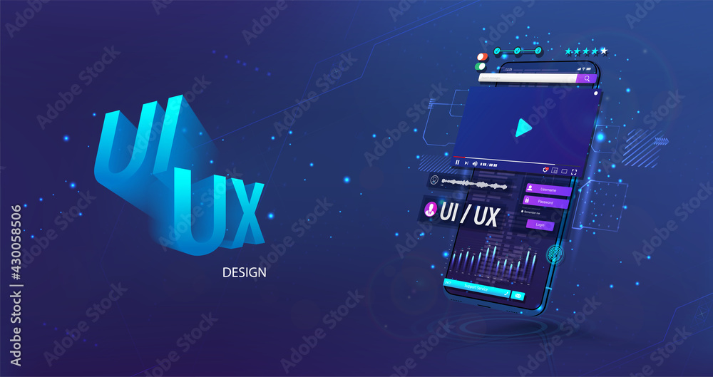 Poster Development, coding, usability. Сoncept of creating a mobile app or website for mobile phones. 3D smartphone in perspective position with elements code and UI design. Vector illustration Mobile App