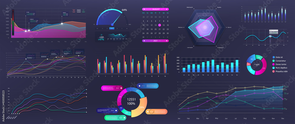 Leinwandbilder Graphics infographic, template dashboard with info elements - charts, diagrams, data analytics, infographic and online statistics. Vector Mockup panel with UI, UX, KIT design elements. Vector graphic