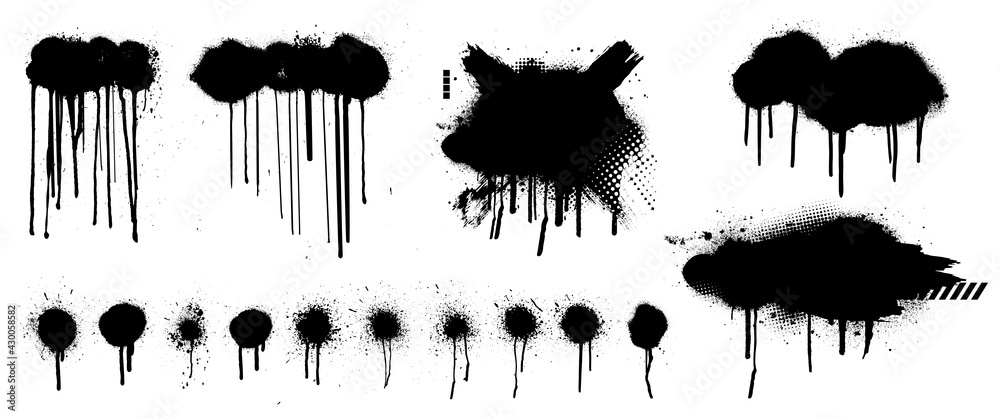Aufkleber template spray graffiti by hand drawn. stencil mockup black grunge dots, clouds and dripping paint. 