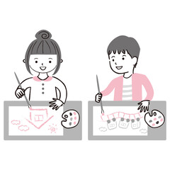 手書き線画イラスト 絵具で絵を描くをする男の子と女の子