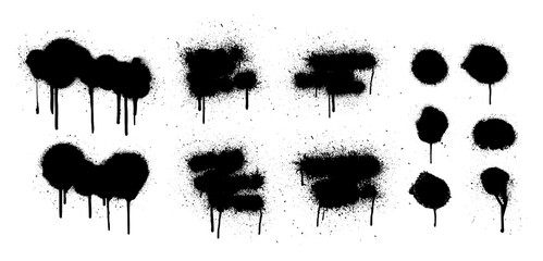 Hand drawn spray graffiti template. Texture ink with splashes and drips of paint on a white background. Grunge graphic stencil elements. Dirty graffiti spray effect. Street art. Vector collection - obrazy, fototapety, plakaty