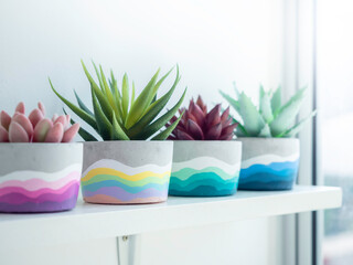 Colorful DIY concrete pot on wooden shelf.