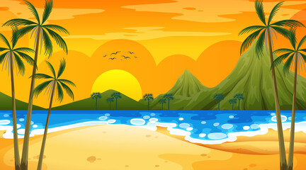 Tropical beach scene with mountain background at sunset time