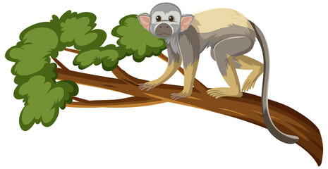 Squirrel monkey cartoon character on a branch isolated on white background © blueringmedia