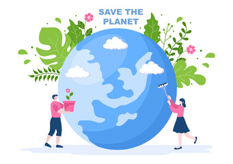 Fototapeta na wymiar Save Our Planet Earth Illustration To Green Environment With Eco Friendly Concept and Protection From Natural Damage