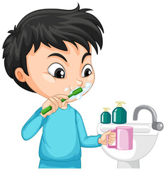 Cartoon character of aboy brushing teeth with water sink