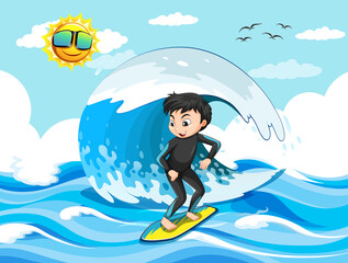 Big wave in the ocean scene with boy standing on a surf board