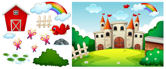 Castle in the forest scene with isolated cartoon character and objects