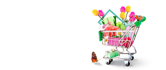 Mini shopping cart with colorful flowers and butterflies.