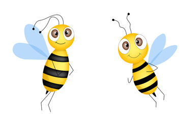 Set of cartoon bee mascot. A small bees flying. Wasp collection. Vector characters. Incest icon. Template design for invitation, cards. Doodle style