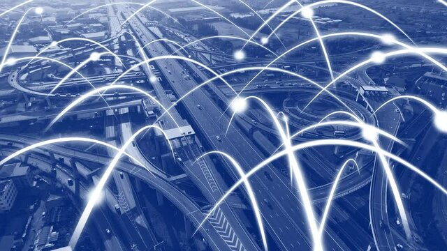 Smart digital city highway with globalization graphic of connection network abstract line . Concept of future 5G smart wireless digital city and social media networking systems .