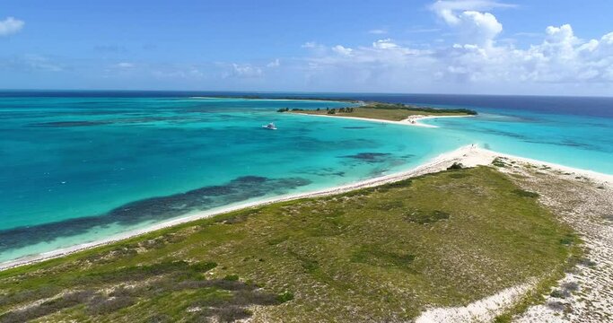 Aerial Shot Move forward  Along The Shore over cayo de agua beach  los roques ,  venezuela  Fantastic, landscape