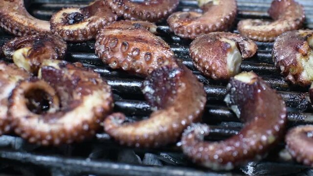 The octopus is cooking at grill . .  Food video close up. trackin rigth to left selective focus.