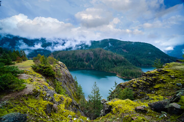 Naklejka na ściany i meble Mountain landscape, Diablo lake and mountain Seattle, North Cascade national park, Washington state, USA,