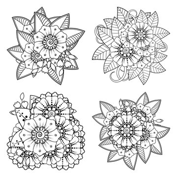 Set of Mehndi flower for henna, mehndi, tattoo, decoration. decorative ornament in ethnic oriental style. coloring book page.