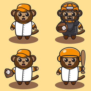 Vector illustration of cute Monkey Baseball cartoon. Cute Monkey expression character design bundle. Good for icon, logo, label, sticker, clipart.