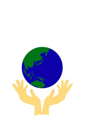 地球と両手（二つの手）を広げているイラスト