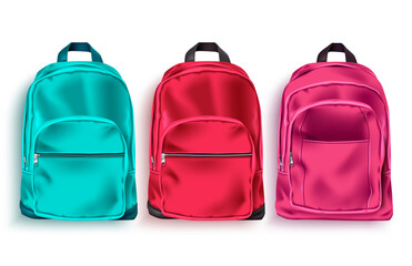 School bag vector set. School backpack and luggage 3d collection in green, red and pink color for educational or travel elements isolated in white background. Vector illustration 