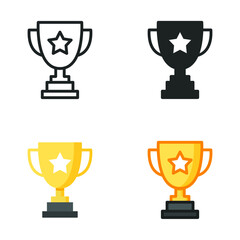 Trophy icon in different style. Line, solid, flat, filled outline symbol for design. Winner, award, cup, champ, contest, prize, won concept. Vector illustration isolated on white background. EPS 10.