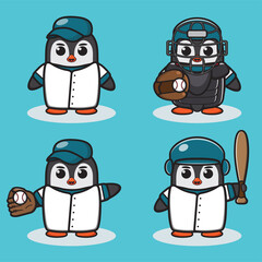Vector illustrations of a cute Penguin Baseball Player. Cute Penguin character with expressions, design bundle. Good for icon, logo, label, sticker, clipart.