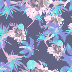 Fototapeta na wymiar Indigo Pattern Art. Violet Tropical Exotic. Coral Floral Hibiscus. Blue Flora Leaf. Purple Decoration Botanical. Navy Wallpaper Exotic. Cobalt Spring Plant.