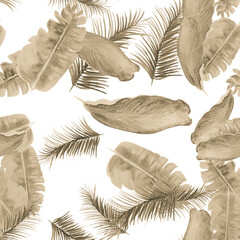 White Tropical Design. Gray Seamless Foliage. Brown Pattern Plant. Decoration Vintage. Banana Leaves. Isolated Illustration. Spring Textile. Watercolor Art.