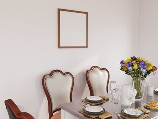 Photo Frame Mockup in the Dining Room. 3D Rendering, 3D illustration.
