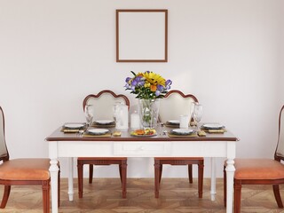 Photo Frame Mockup in the Dining Room. 3D Rendering, 3D illustration.