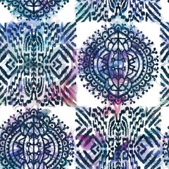 Seamless navy and white happy colorful tribal ethnic rug motif pattern. High quality illustration. High contrast hand drawn design. Seamless repeat raster jpg pattern.