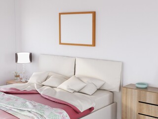 Photo Frame Mockup in the bedroom. 3D Rendering, 3D illustration.