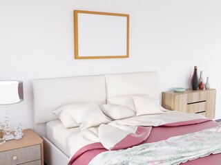 Photo Frame Mockup in the bedroom. 3D Rendering, 3D illustration.