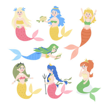 Set of cute mermaids. Kids Vector Illustration. Perfectly look on t-shirt, poster, nursery decoration, apparel design.