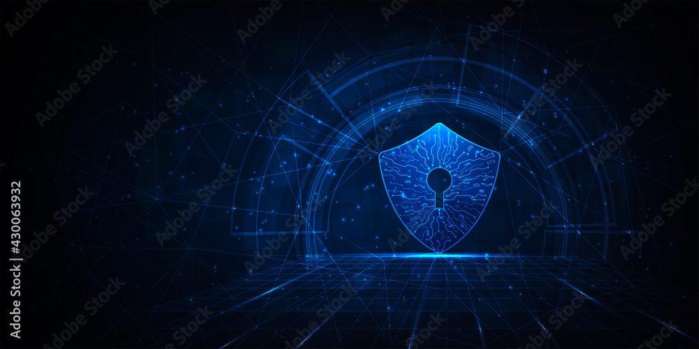 Fototapete cyber security and online information protect concept. computer protection virus attack with shield 