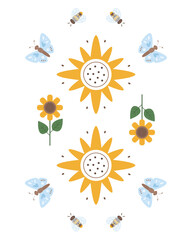Composition with boho sunflower and butterflies.  Flat design, vector illustration
