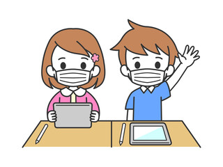 マスクをつけてタブレットで授業を受ける女の子と男の子　イラスト素材