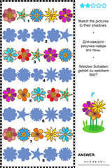Fototapeta na wymiar Visual puzzle or picture riddle: Match the pictures of flower rows to their shadows. Answer included. 