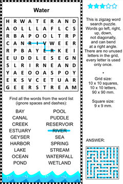Water themed zigzag word search puzzle (suitable both for kids and adults). Answer included.
