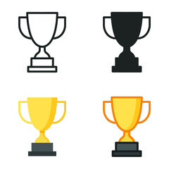 Trophy icon in different style. Line, solid, flat, filled outline symbol for design. Winner, award, cup, champ, contest, prize, won concept. Vector illustration isolated on white background. EPS 10.