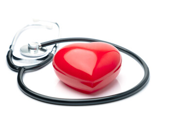 Close up of view red heart and stethoscope on white background, Healthcare concept