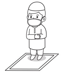 Muslim boy use red dress traditional muslim. tarawih praying in ramadan month, using mask and healthy protocol.Character illustration.