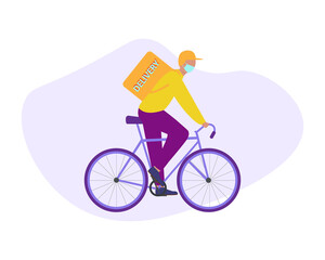 COVID-19. Quarantine in the city. Online delivery service concept, online order tracking, home and office delivery. bicycle courier, courier in a respiratory mask