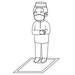 Muslim man use green dress traditional muslim. tarawih praying in ramadan month, using mask and healthy protocol.Character illustration.