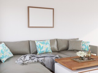 Photo Frame Mockup in the Living Room. 3D Rendering, 3D illustration.