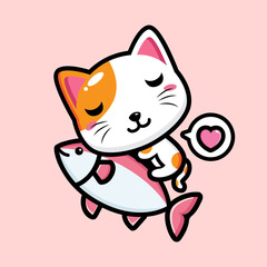 cartoon cute fortune cat vector design is hugging a big fish