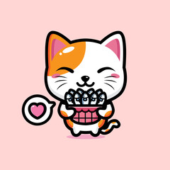 cartoon cute fortune cat vector design is holding a basket of fish