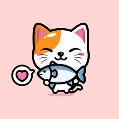 cartoon cute lucky cat vector design holding a fish