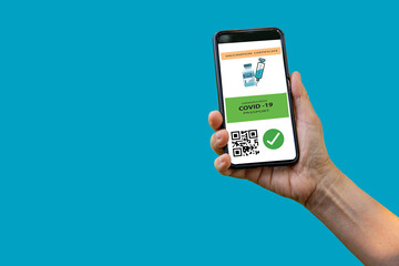 Smartphone displaying a valid digital vaccination certificate for COVID-19 in female's hand, . Vaccination, disease immunity passport, health and surveillance concepts