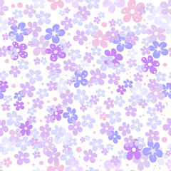 Vector seamless floral pattern of small flat flowers and peas on a white background in a varied order of different sizes summer female pattern